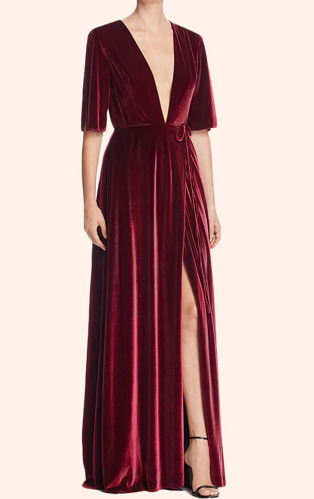 OKBBN Deep V-neck Velvet Formal Ball Dress