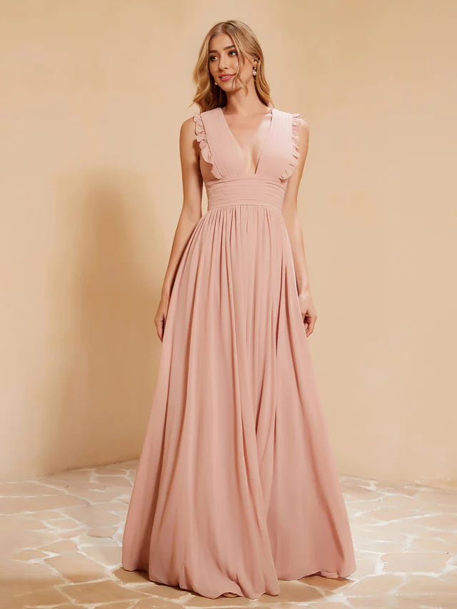 OKBBN deep V-neck ruffled pleated bridesmaid dress