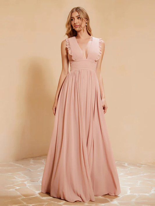 OKBBN deep V-neck ruffled pleated bridesmaid dress