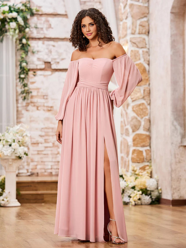 OKBBN off shoulder long sleeved chiffon split bridesmaid dress