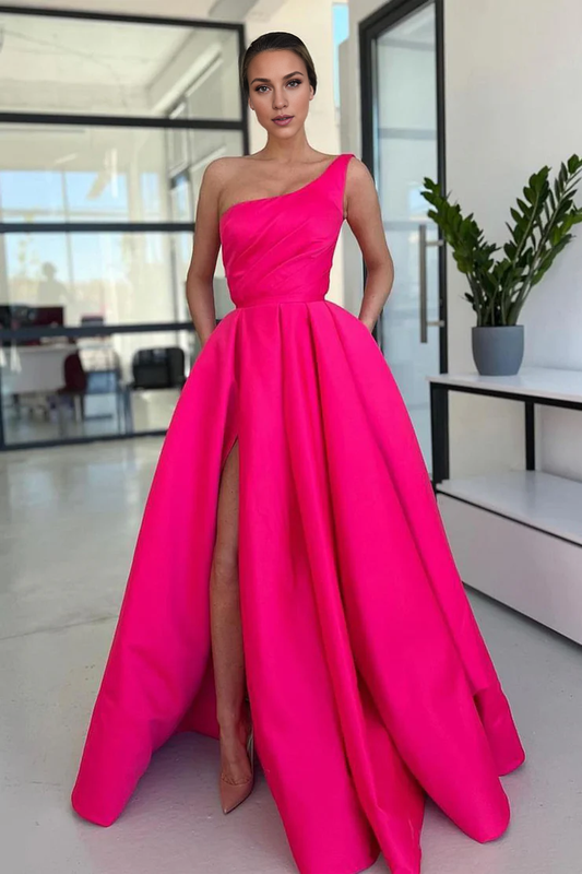 OKBBN Charming A-line Single Shoulder Satin Long Split Ball Dress