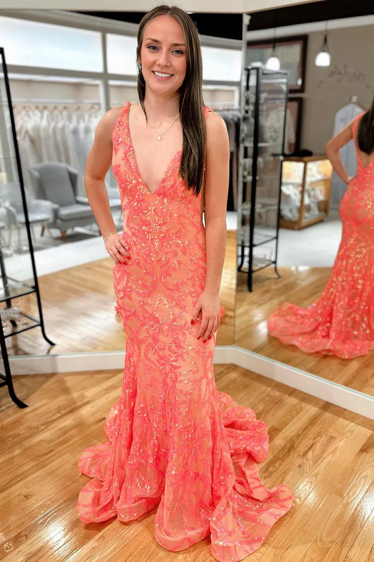 OKBBN Cute Mermaid V-neck Sequined Ball Gown