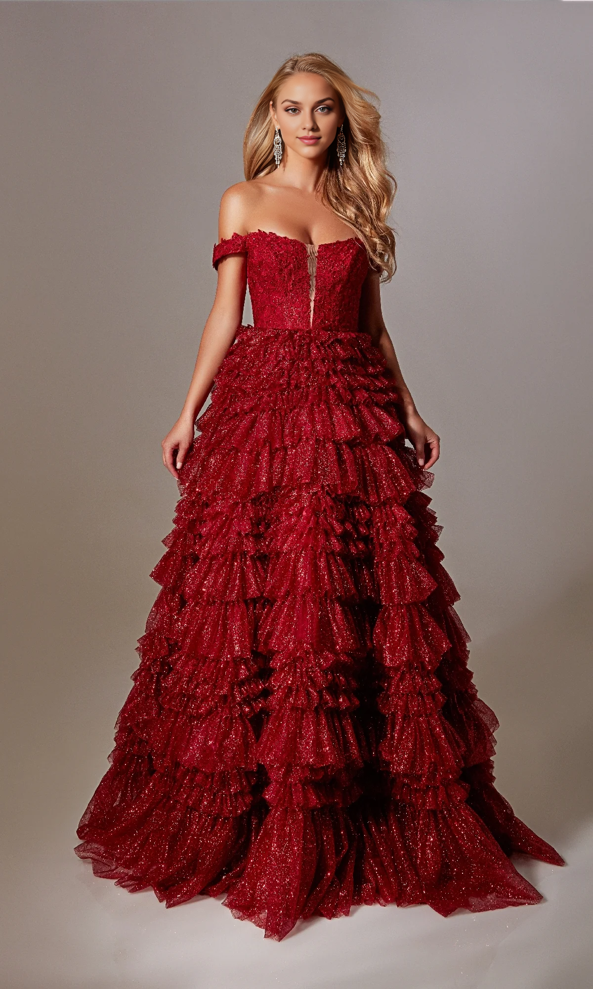 OKBBN deep V-neck lace up long A-line sequin ruffled party dress