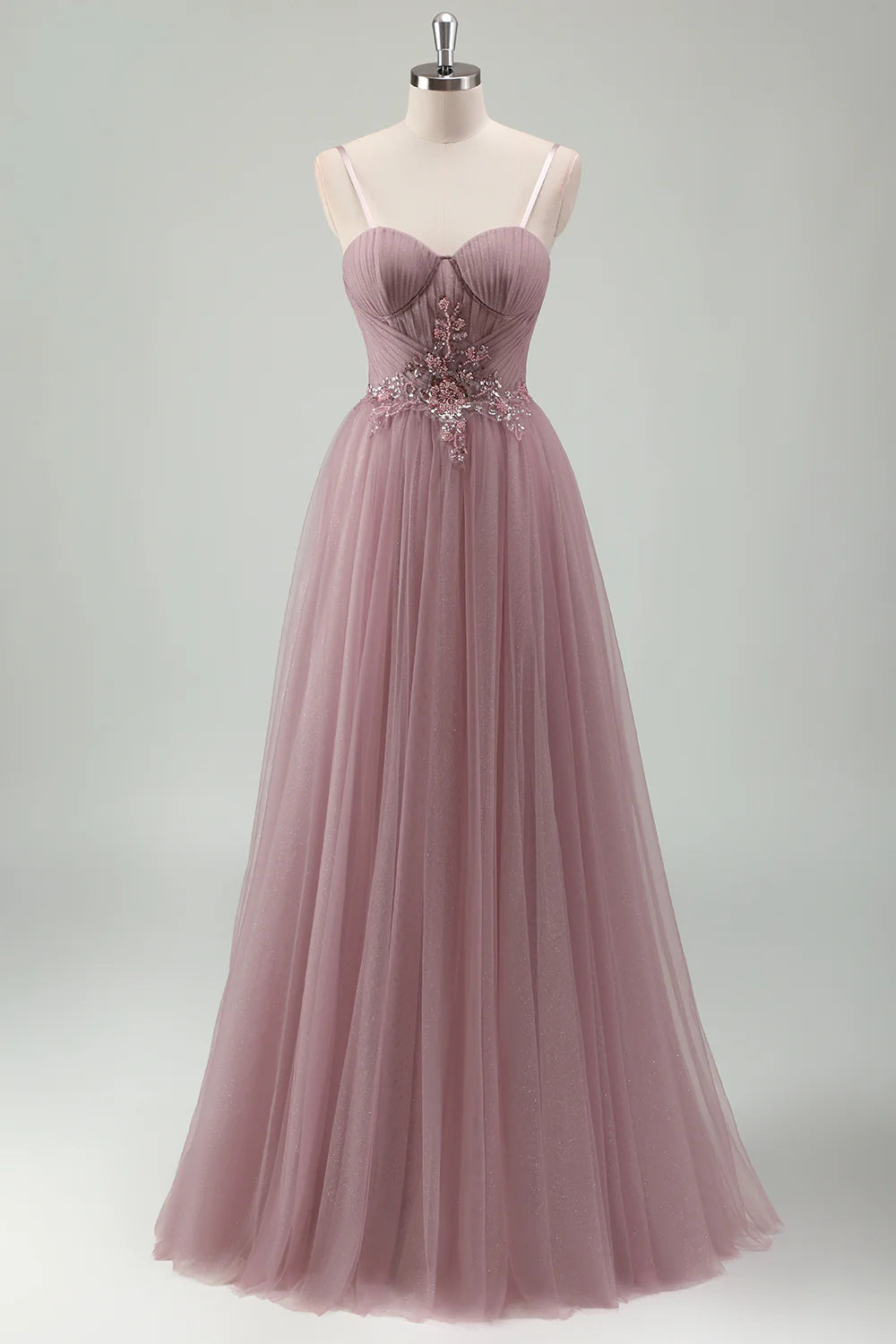OKBBN decal A-line thin shoulder strap pleated long ball gown