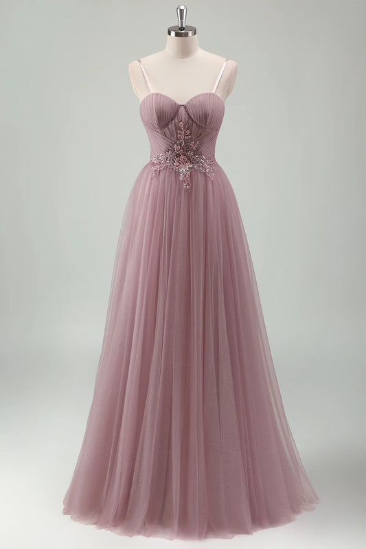 OKBBN decal A-line thin shoulder strap pleated long ball gown