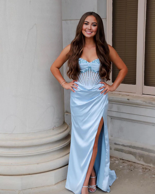 OKBBN Cute Mermaid V-neck Beaded Fold Long Split Ball Dress