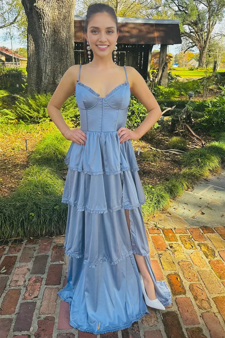 OKBBN Fairy A-line V-neck satin ruffled slit ball dress