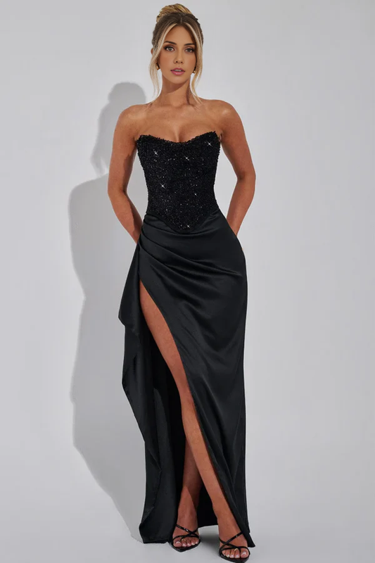 OKBBN Classic Simple Tight Off Shoulder Sleeveless Ruffle Beaded Glitter Ball Dress