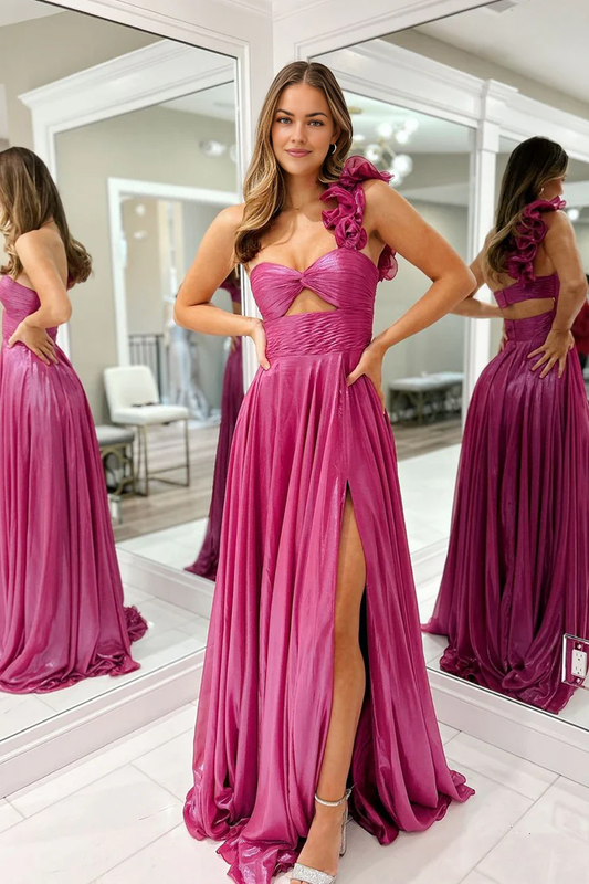 OKBBN Cute A-line One Shoulder Shiny Satin Split Long Ball Dress