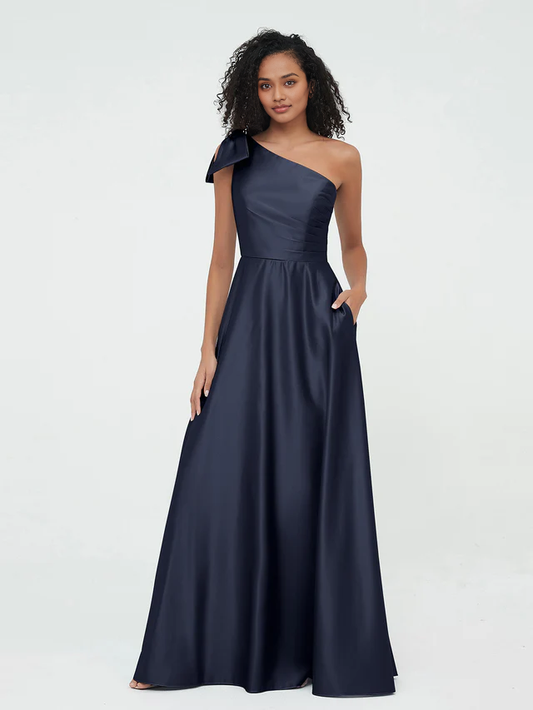OKBBN One Shoulder Long Satin Sleeveless Bridesmaid Dress