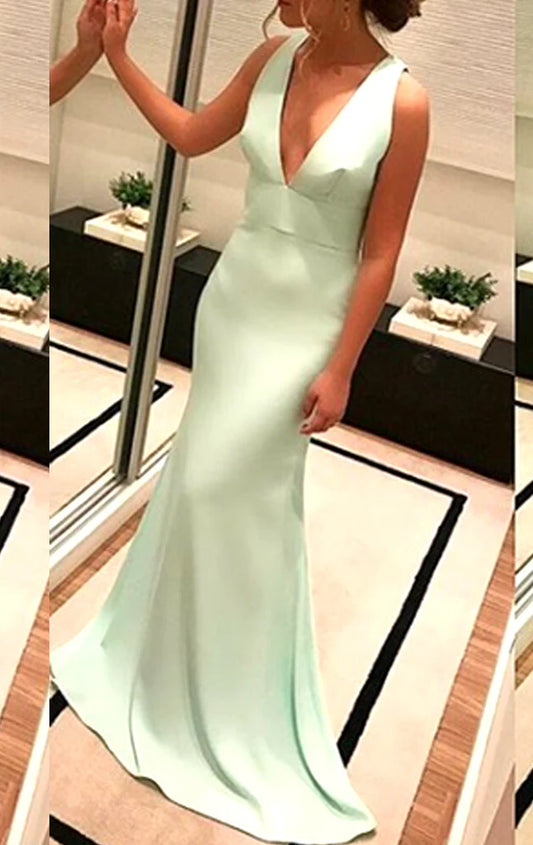 OKBBN Deep V-neck Knitted Long Formal Ball Dress