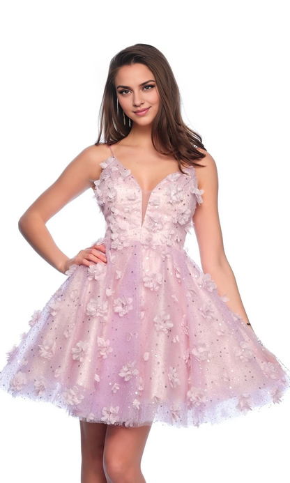 OKBBN Bead Short Flower Deep V A-line Perspective Homecoming Dresses