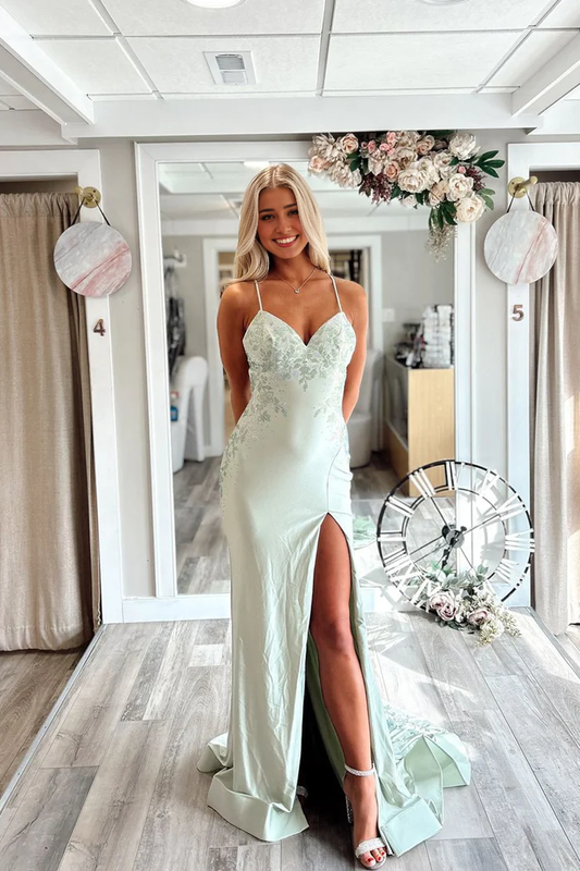 OKBBN Cute Mermaid V-neck Satin Long Ball Dress with Beads