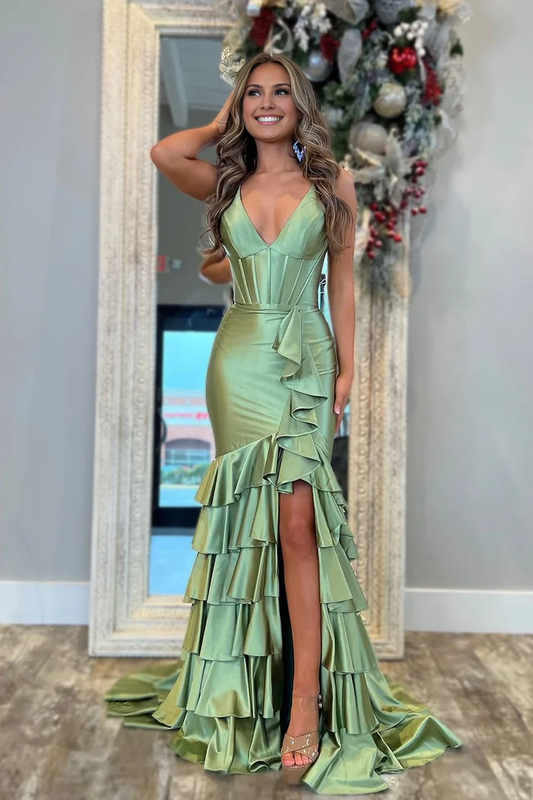 OKBBN Cute Mermaid V-neck Satin Long Split Ball Dress