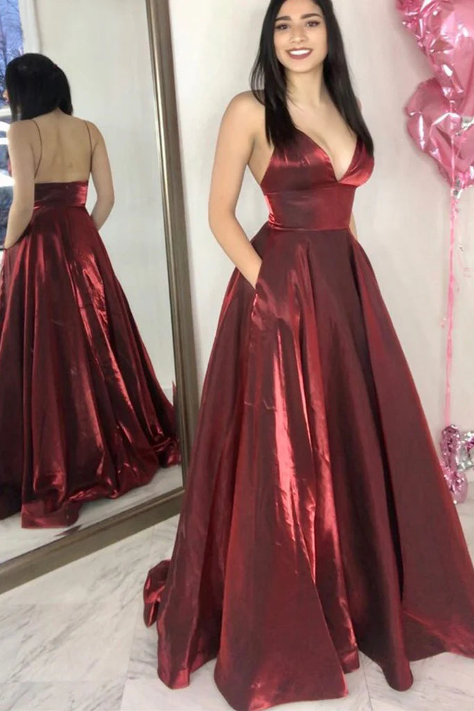 OKBBN Elegant Thin Strap V-neck Long Formal Ball Dress