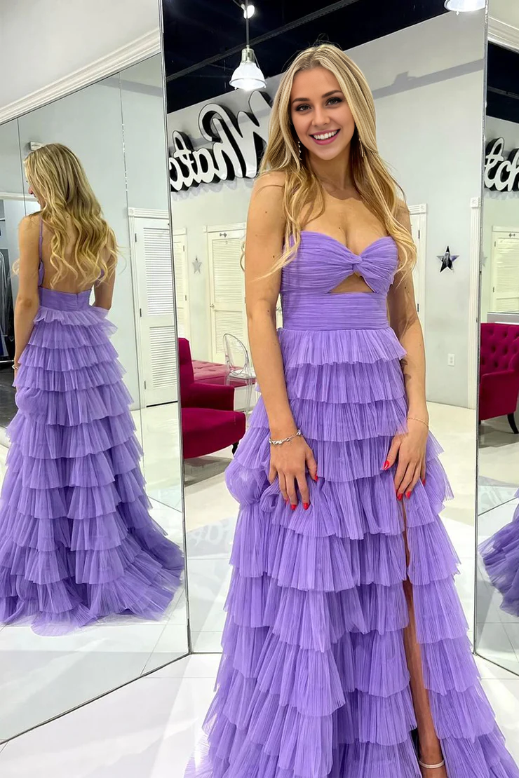 OKBBN Sweetheart Lock Hole ruffle edge sheer slit long ball dress