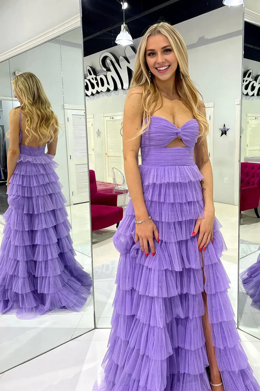 OKBBN Sweetheart Lock Hole ruffle edge sheer slit long ball dress