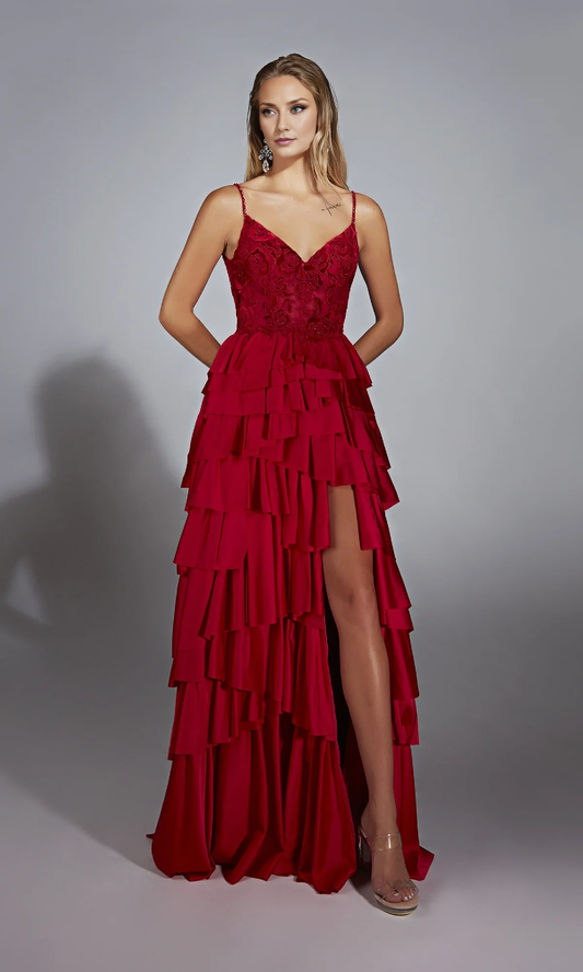 OKBBN Long A-line V-neck Velvet Lace Corset Ball Dress
