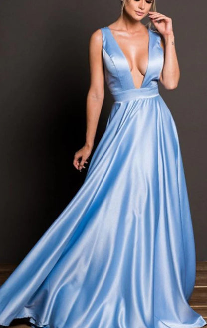 OKBBN Deep V-neck Satin Long Formal Ball Dress