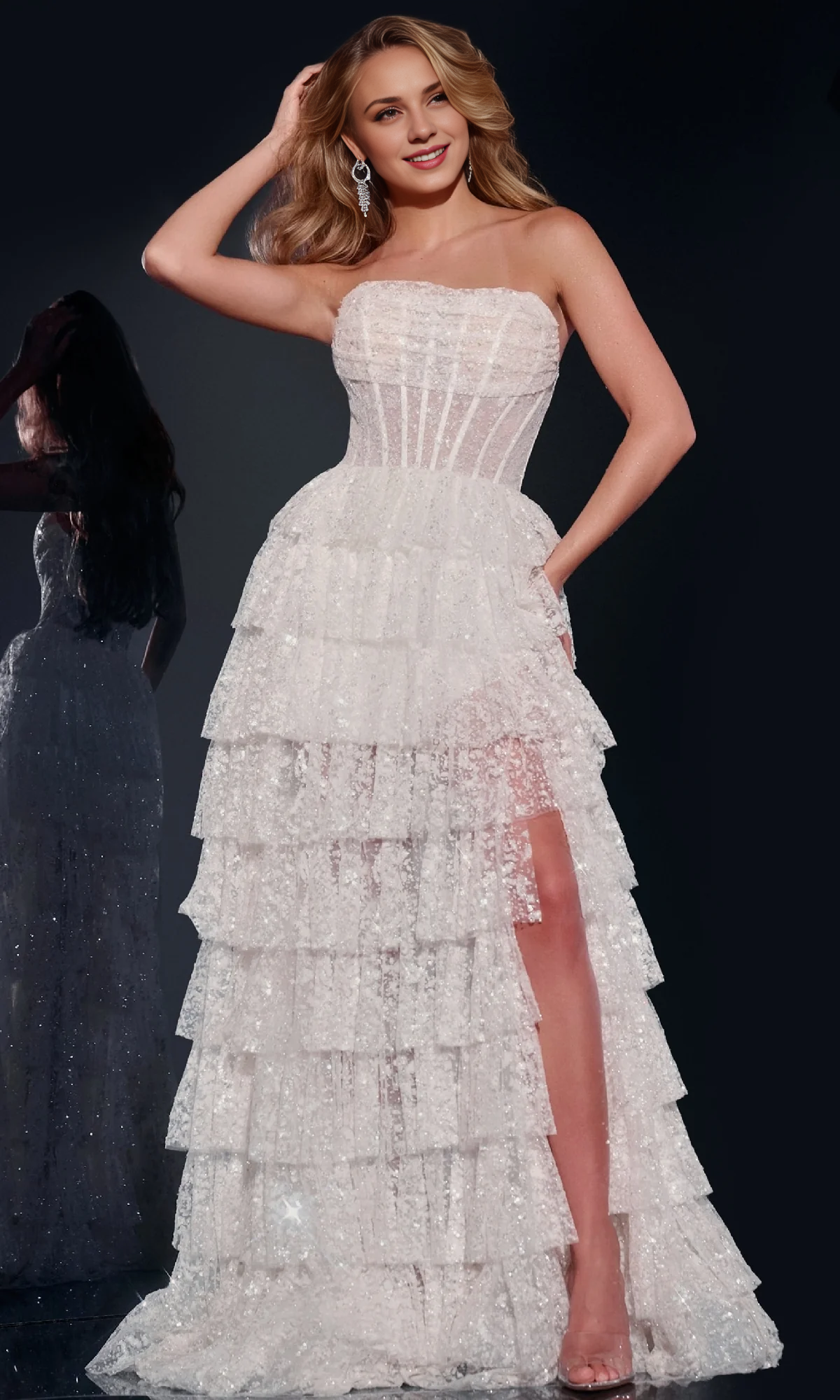 OKBBN strapless sequined transparent tight corset layered ball dress