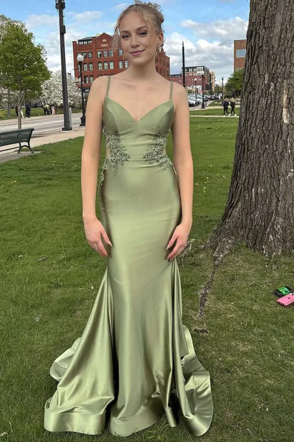 OKBBN Charming Mermaid V-neck Satin Ball Dress