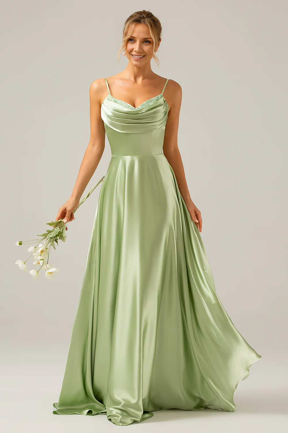 OKBBN A-line scarf collar satin long bridesmaid dress