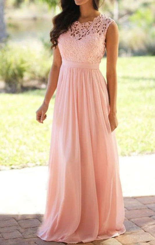 OKBBN Elegant Lace Chiffon Long Simple Ball Dress