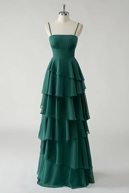 OKBBN's charming A-line thin shoulder strap layered chiffon and ground Bridesmaid Dresses