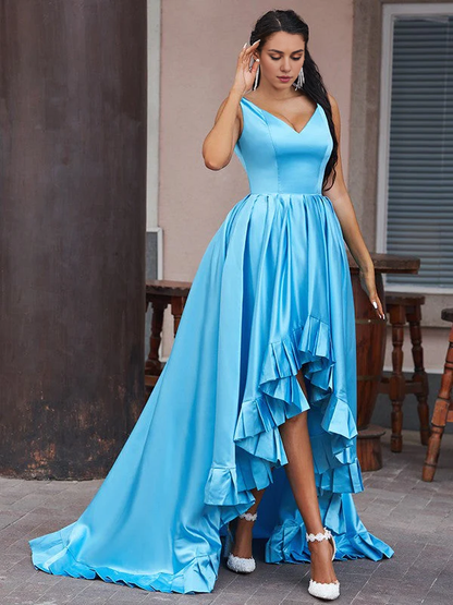 OKBBN A-line Elegant Satin Ruffle V-neck Sleeveless Asymmetric Ball Dress