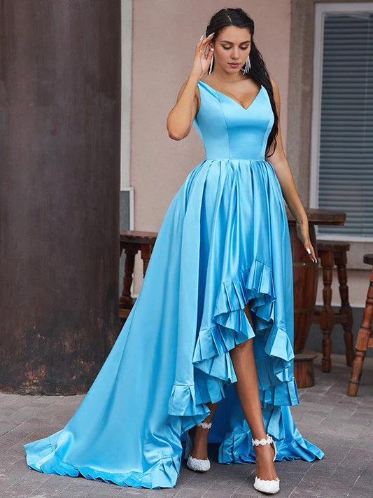 OKBBN A-line Elegant Satin Ruffle V-neck Sleeveless Asymmetric Ball Dress