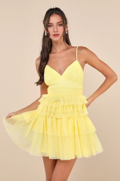 OKBBN's eye-catching chiffon pleated sleeveless layered mini Homecoming Dresses