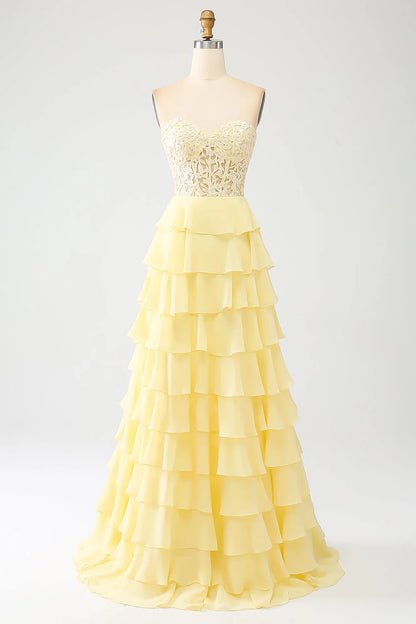 OKBBN A-line Sweetheart Layered Corset Long Ball Dress