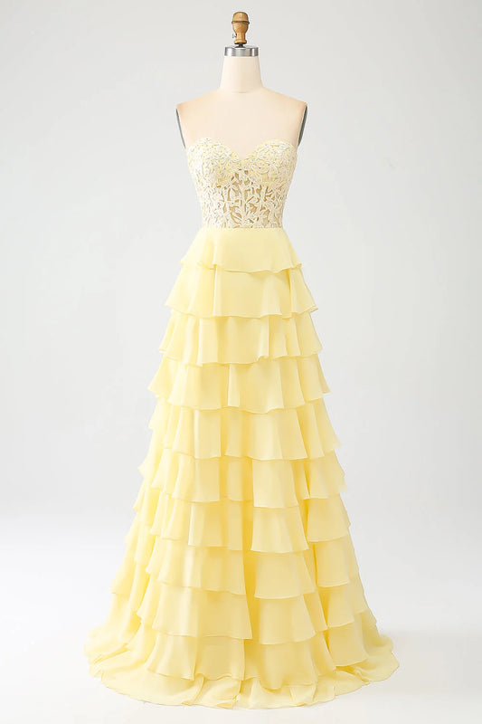 OKBBN A-line Sweetheart Layered Corset Long Ball Dress