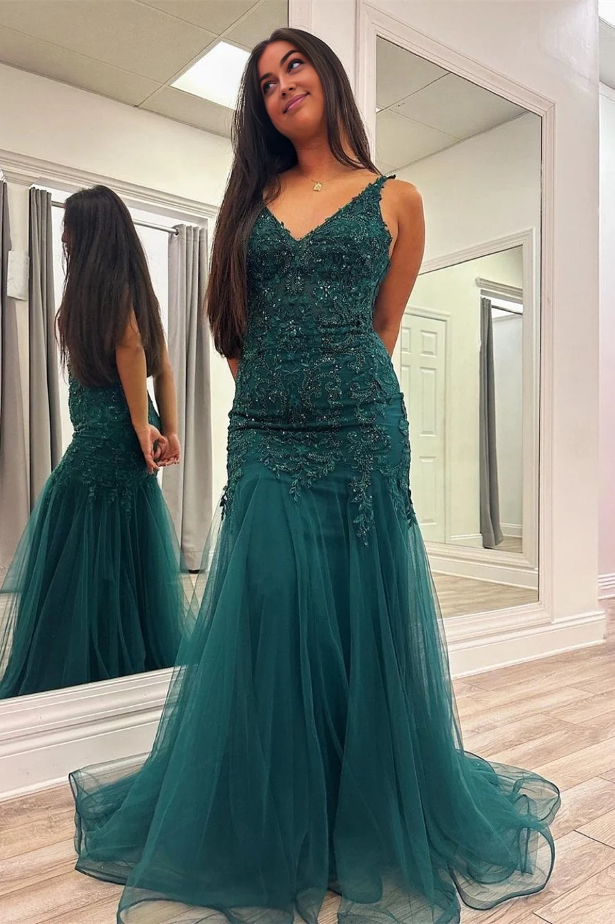 OKBBN mermaid V-neck applique chiffon long ball dress