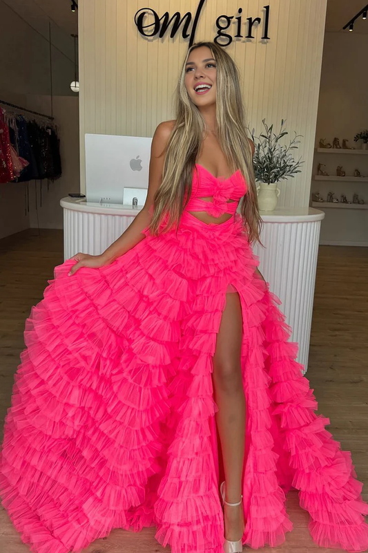 OKBBN Cute A-Shape Sweetheart Chiffon Long Split Ball Dress