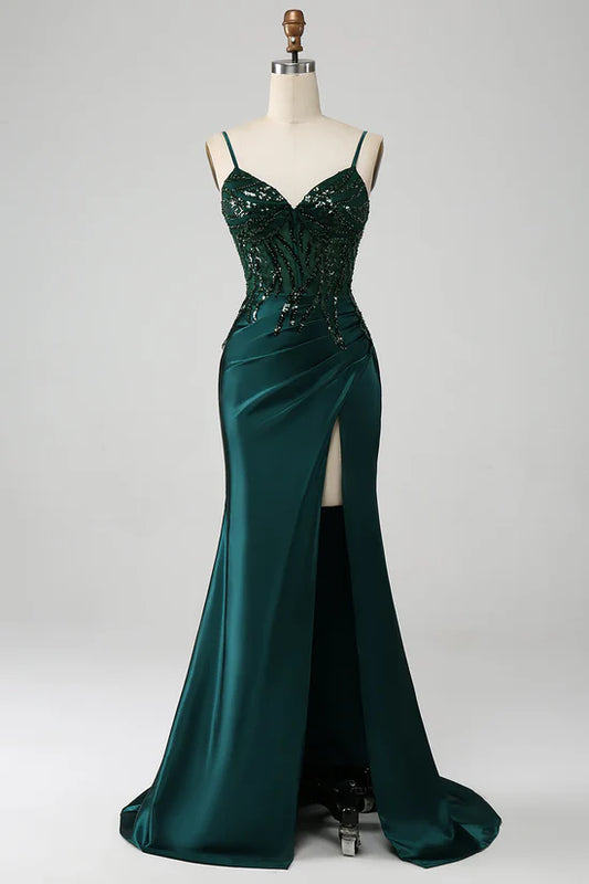 OKBBN mermaid sequin pleated tight corset slit ball dress