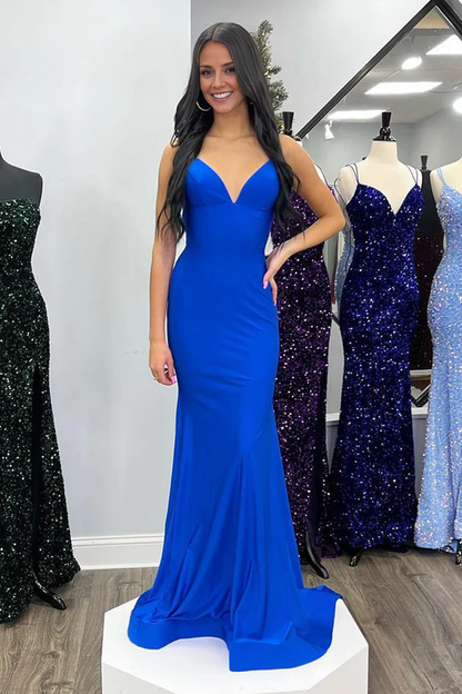 OKBBN Charming Mermaid V-neck Satin Long Lace Ball Dress