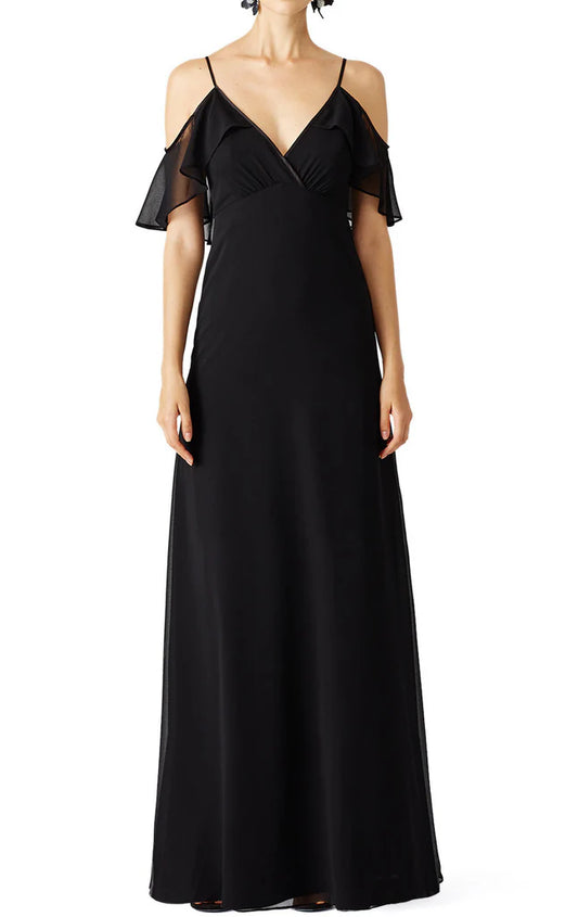 OKBBN V-neck off shoulder chiffon long and simple ball dress