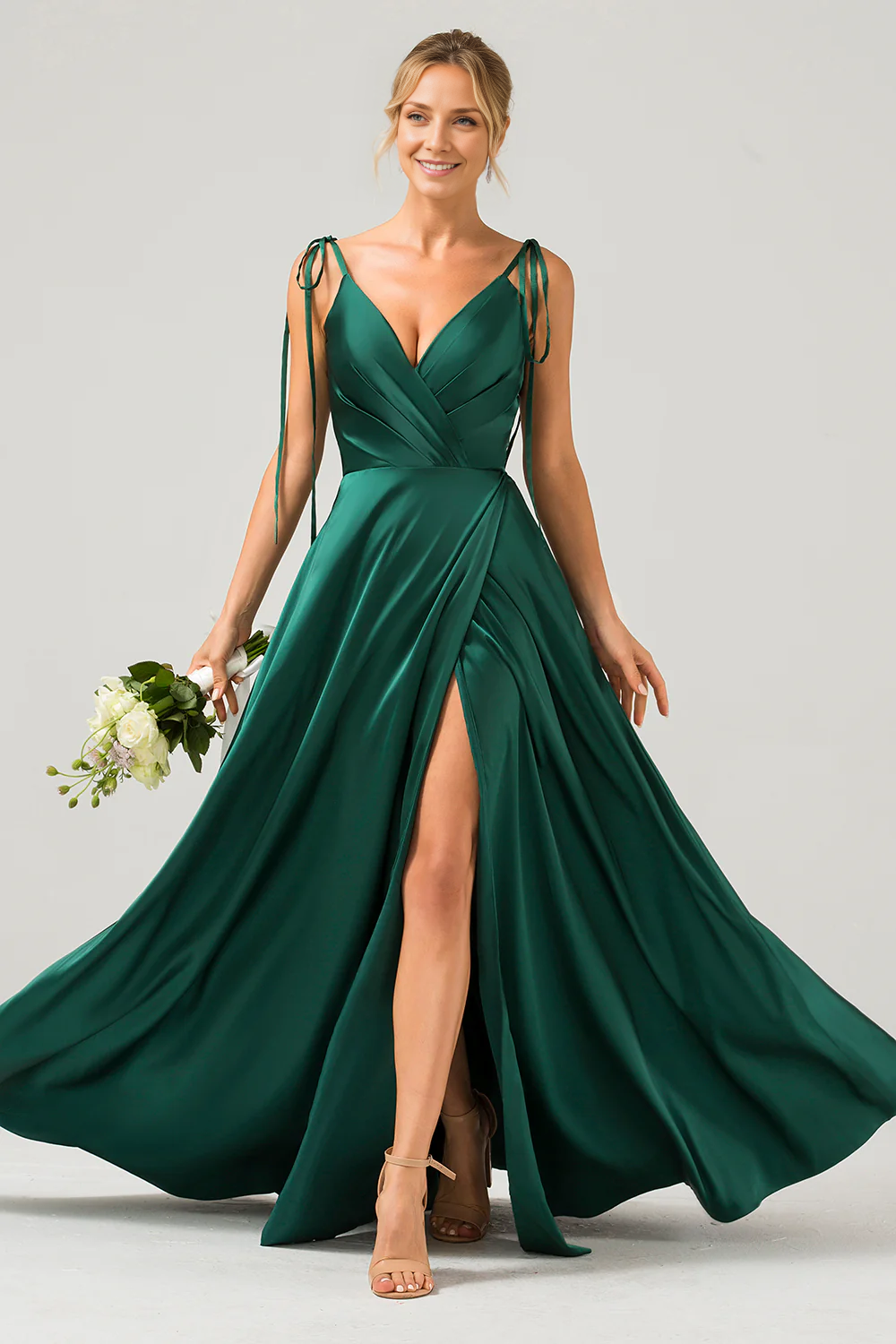OKBBN A-line thin shoulder strap pleated slit long bridesmaid dress