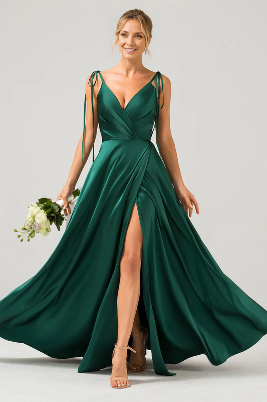 OKBBN A-line thin shoulder strap pleated slit long bridesmaid dress