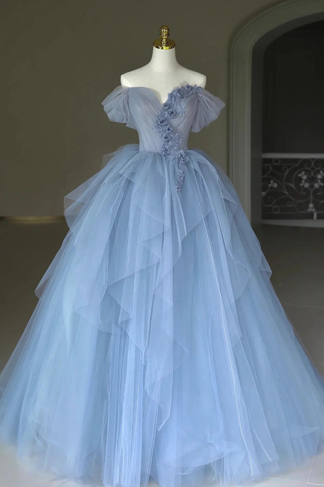 OKBBN elegant chiffon and floral off shoulder ball gown