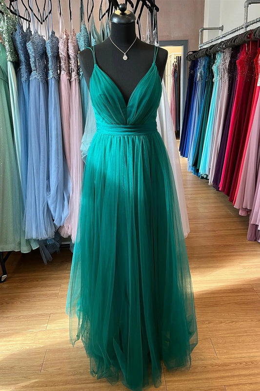 OKBBN A-line deep V-neck double shoulder strap pleated long ball gown