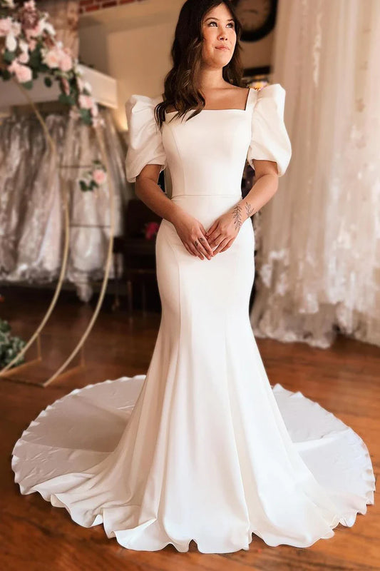 OKBBN Charming Mermaid Square Neck Satin Long Ruffle Ball Dress