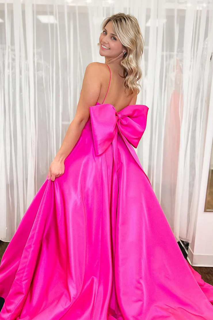 OKBBN Round Neck Satin Back Bow A-line Ball Dress
