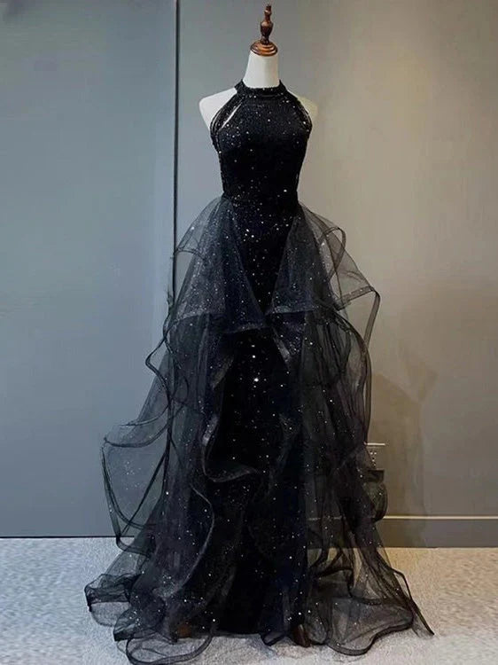 OKBBN long mermaid suspender sequin chiffon formal ball dress