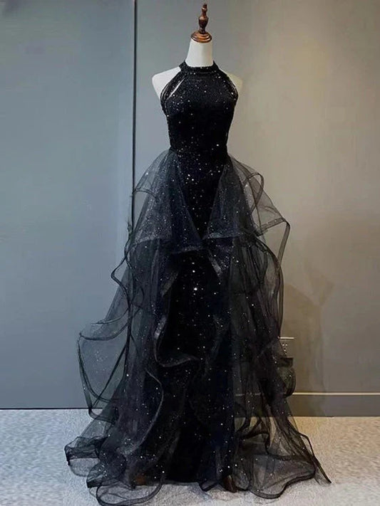 OKBBN long mermaid suspender sequin chiffon formal ball dress