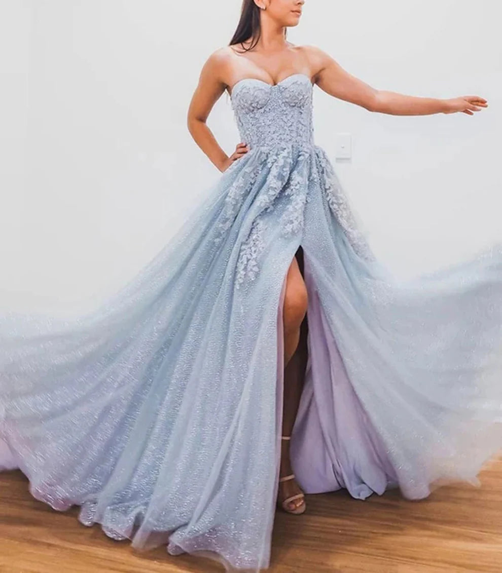 OKBBN A-line shiny trailing sleeveless sweetheart chiffon ball dress