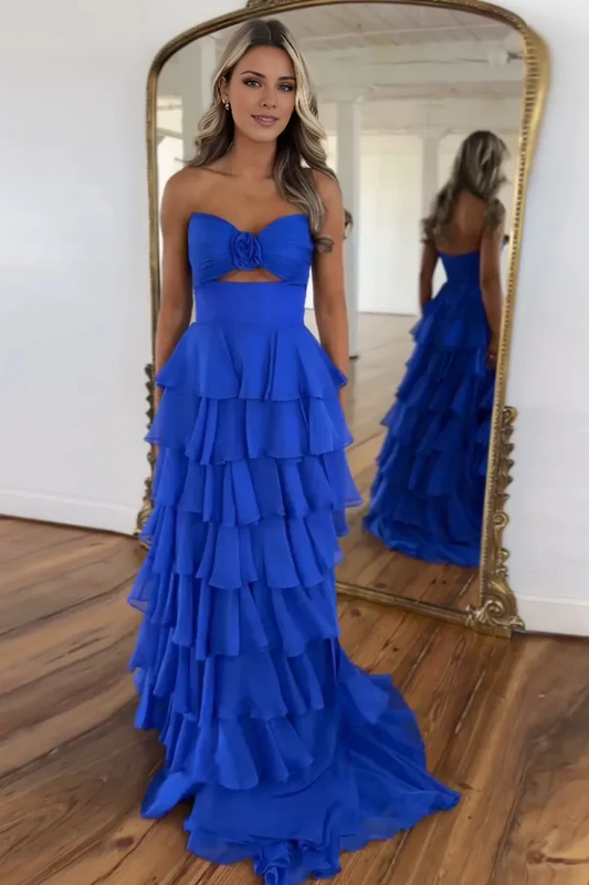OKBBN A-line off shoulder sleeveless chiffon multi-layer dance dress
