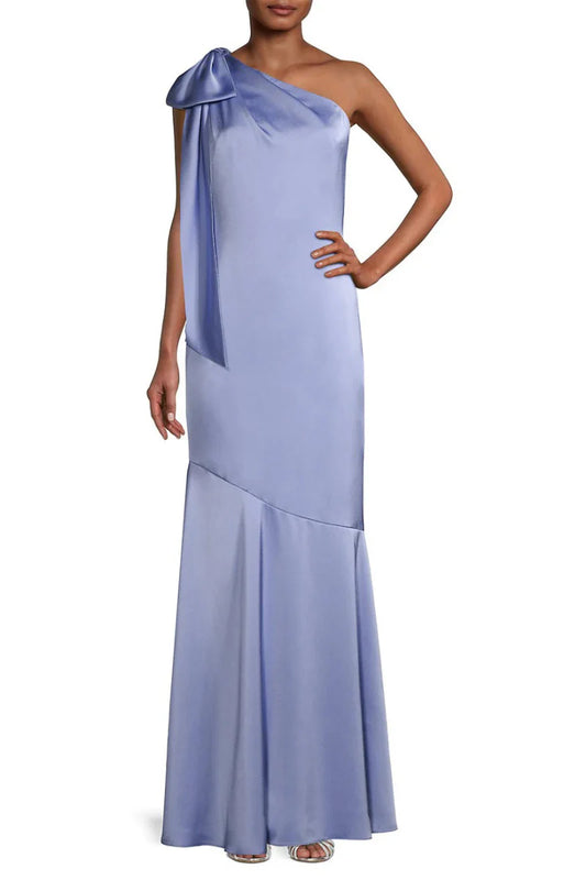 Aidan Mattox One Shoulder Sleeveless Bow Detail Back Zipper Bias Cut Prom Dresses