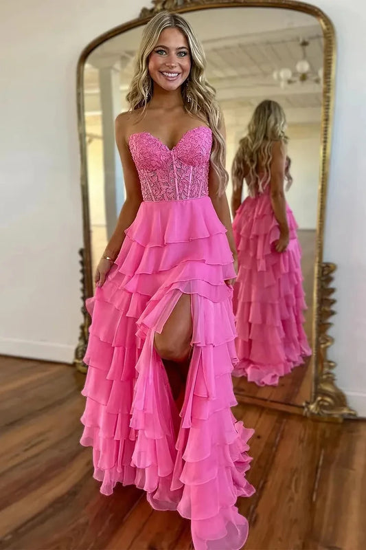 OKBBN A-line off shoulder ruffle layered chiffon long ball gown